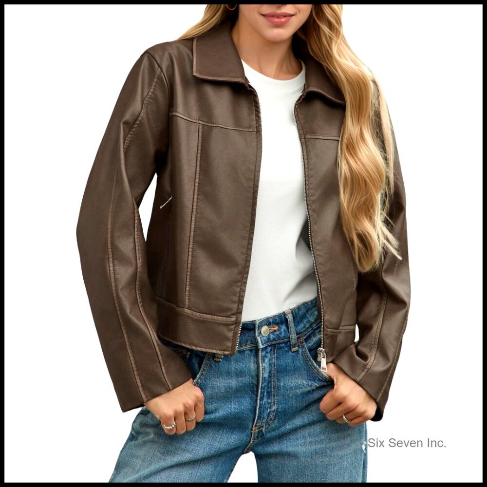 Faux Leather Motorcycle Jacket Cropped Zip Up With Pockets Long Sleeve